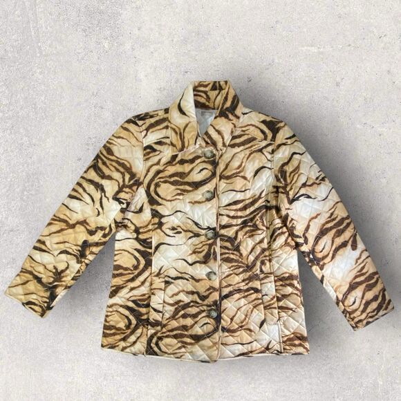 Chico's Womens Quilted Jacket Coat Pockets Gold Tiger Print Size 1 (M/8) - Picture 1 of 11